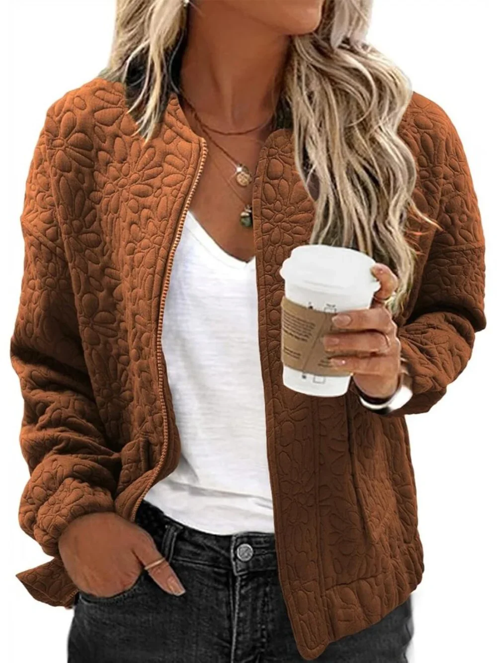 Women's Coffee Lightweight Stand Collar Long Sleeve Outerwear Bomber Jacket